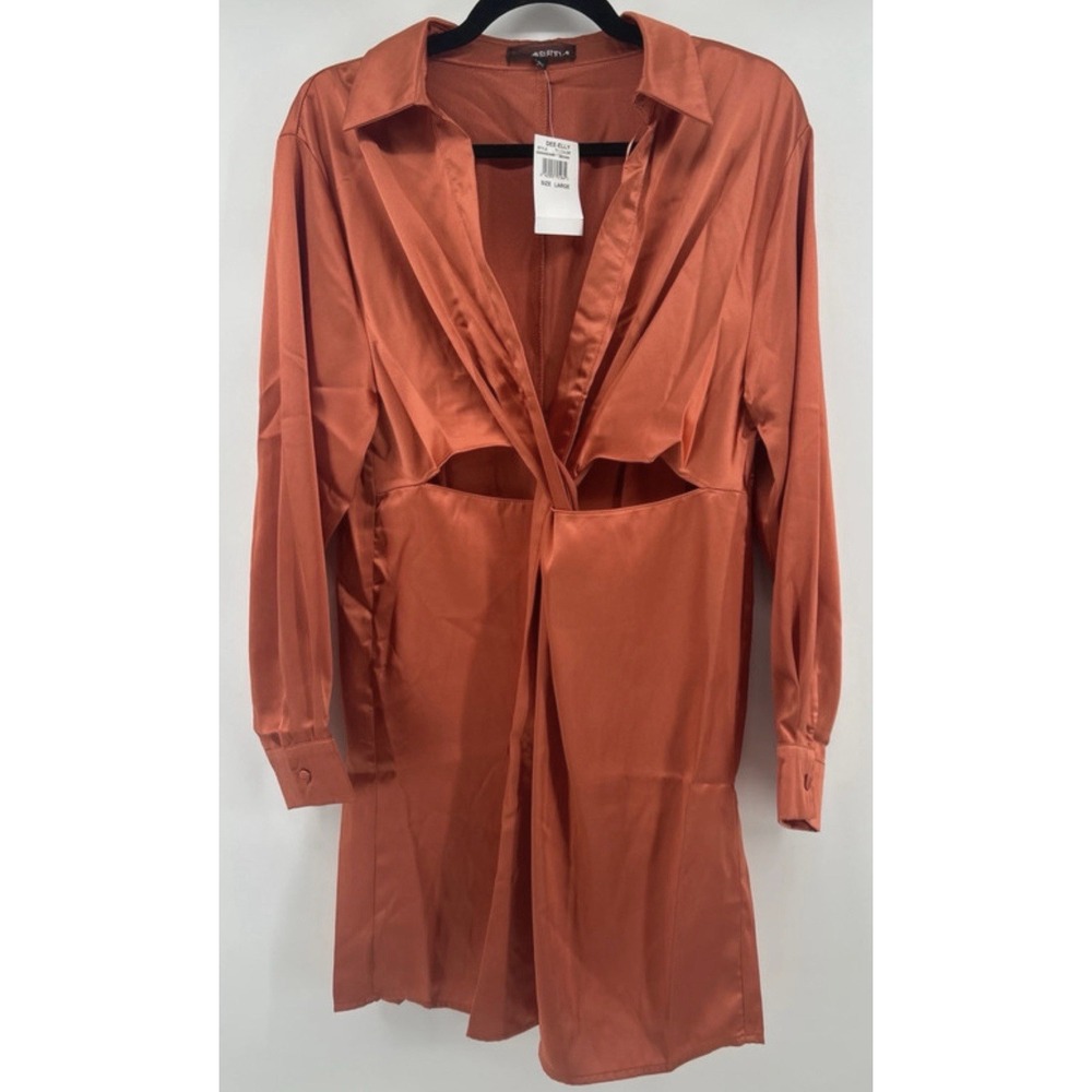 4SI3NNA Rust Orange Silk Satin Plunge Cutout Wrap Dress Luxe Club Party Sz L NWT
